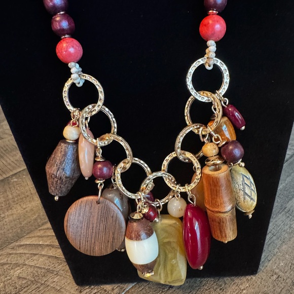 Chicos Tribal Boho Multi-Color Copal Beads Necklace Statement Goldtone Cord - Picture 3 of 11